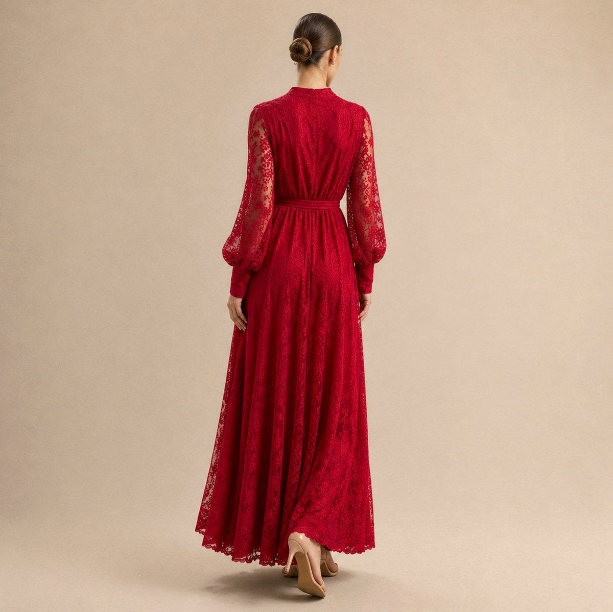 Lace Button Front Balloon Sleeve Maxi Dress