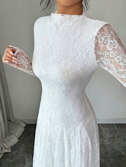 Lace High Neck Long Sleeve Modest Maxi Dress