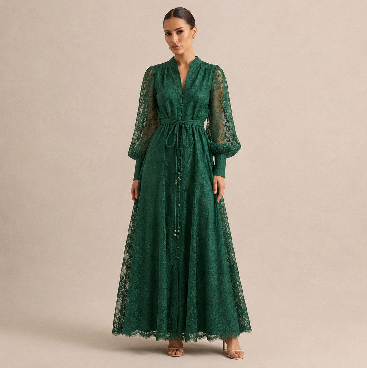 Lace Button Front Balloon Sleeve Maxi Dress