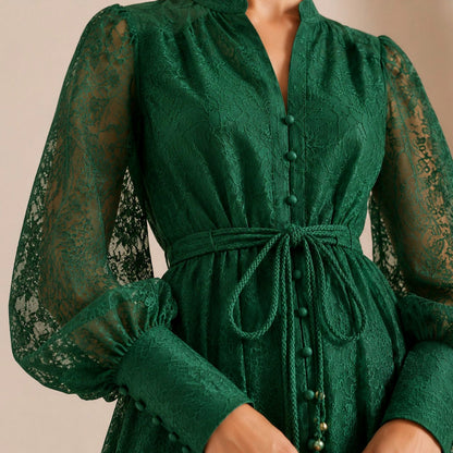 Lace Button Front Balloon Sleeve Maxi Dress