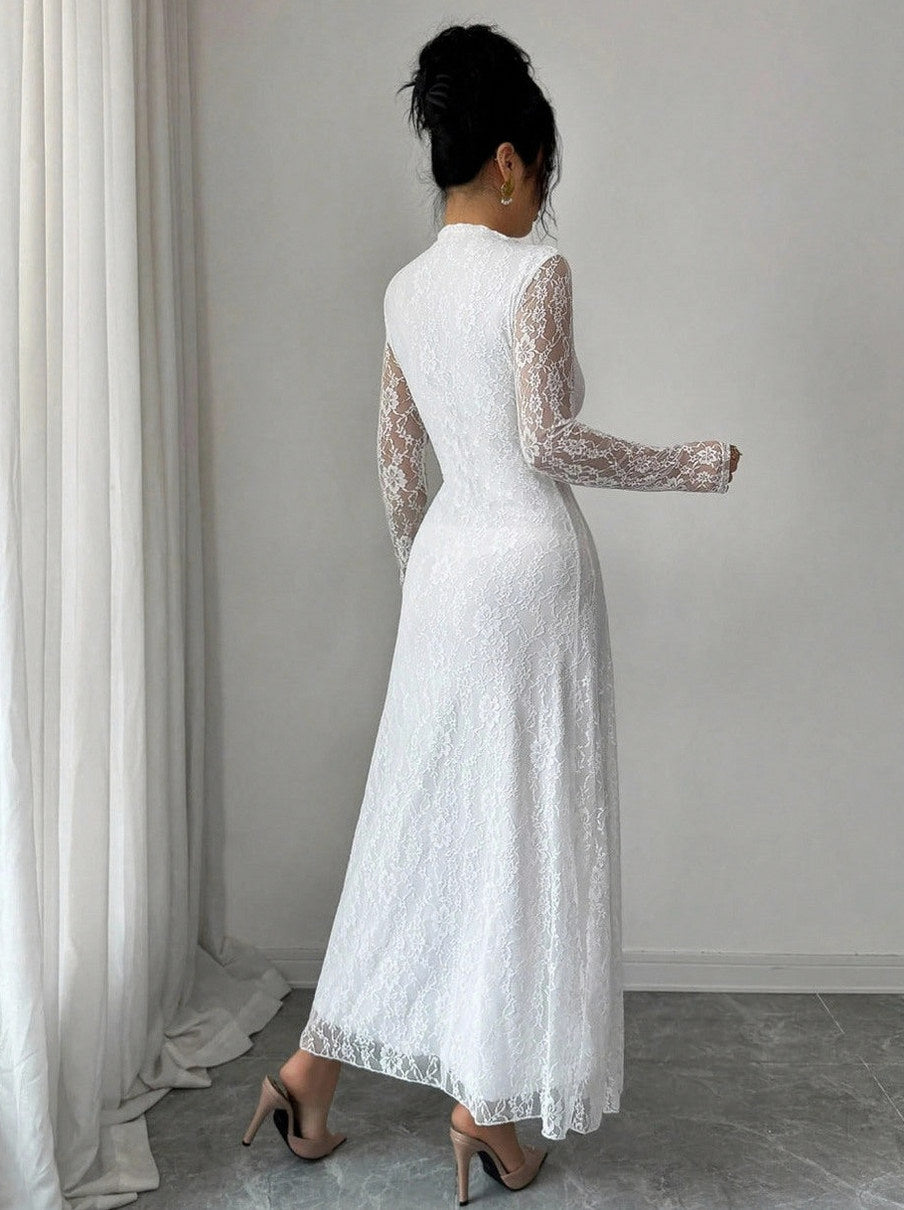 Lace High Neck Long Sleeve Modest Maxi Dress