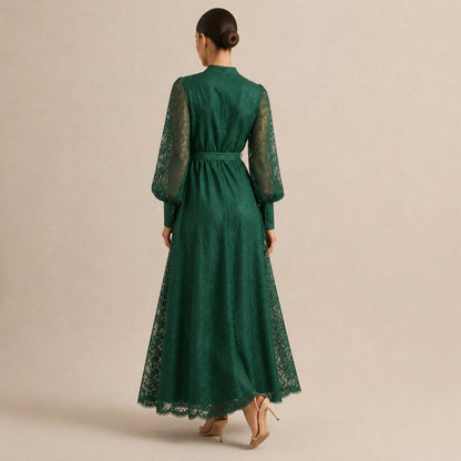 Lace Button Front Balloon Sleeve Maxi Dress