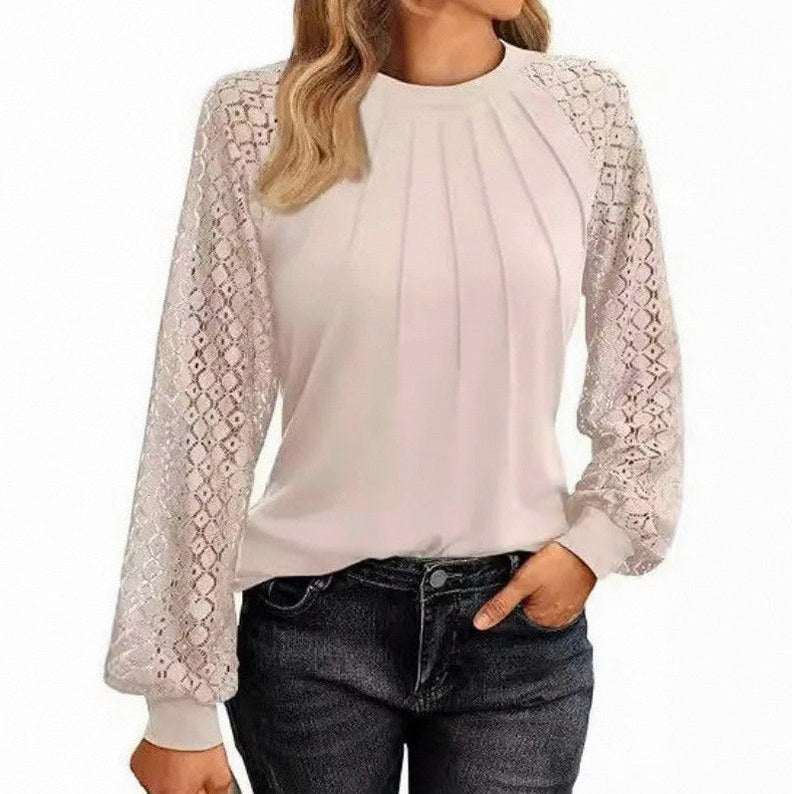 Lace Long Sleeve Pleated Blouse
