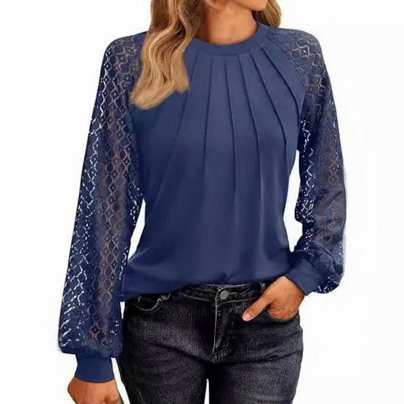 Lace Long Sleeve Pleated Blouse