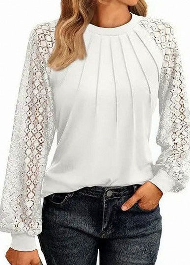 Lace Long Sleeve Pleated Blouse