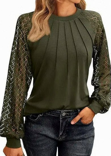 Lace Long Sleeve Pleated Blouse