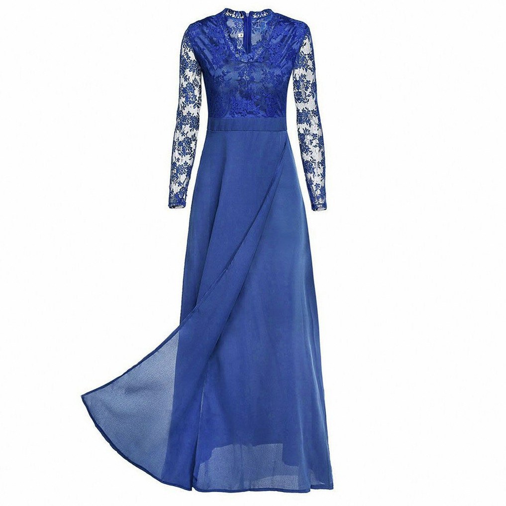 Lace Long Sleeve Pleated Maxi Dress