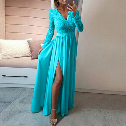 Lace Long Sleeve Pleated Maxi Dress