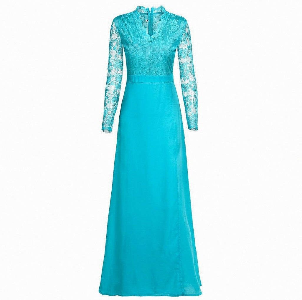 Lace Long Sleeve Pleated Maxi Dress