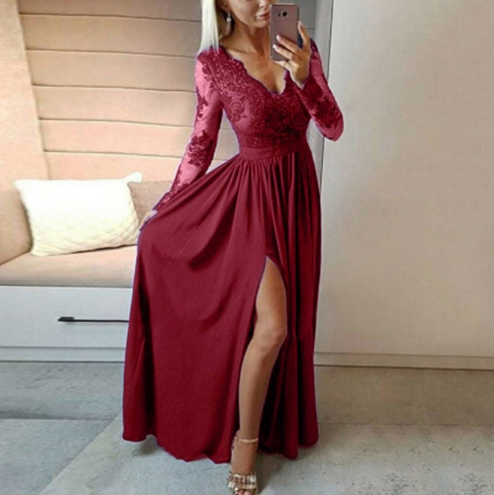 Lace Long Sleeve Pleated Maxi Dress