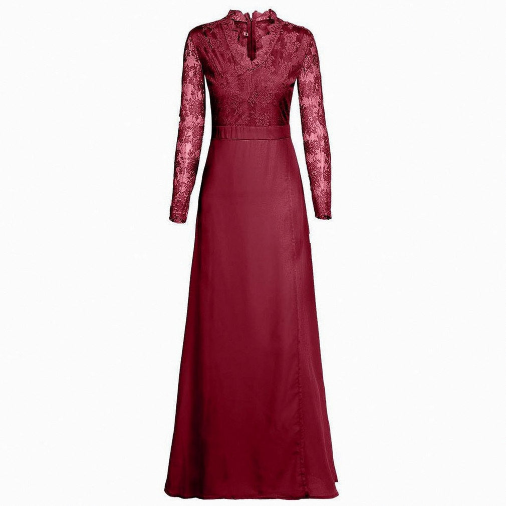 Lace Long Sleeve Pleated Maxi Dress