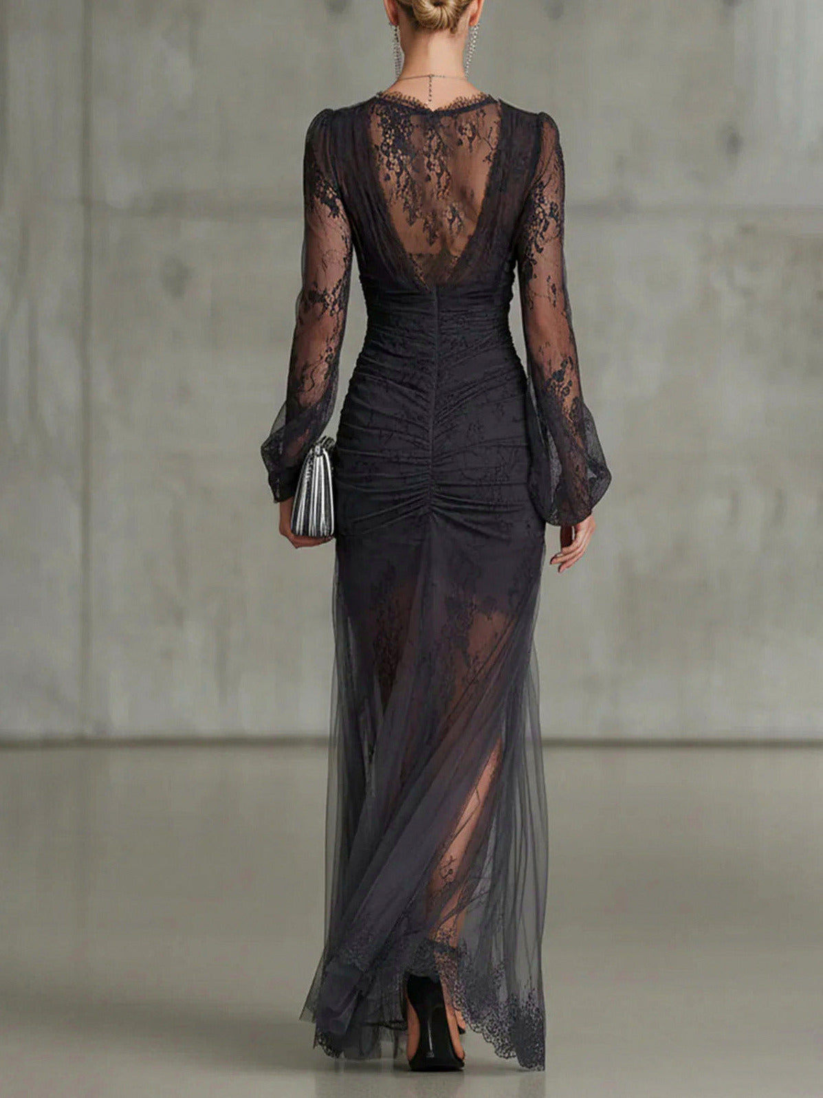 Lace Long Sleeve Ruched Maxi Dress