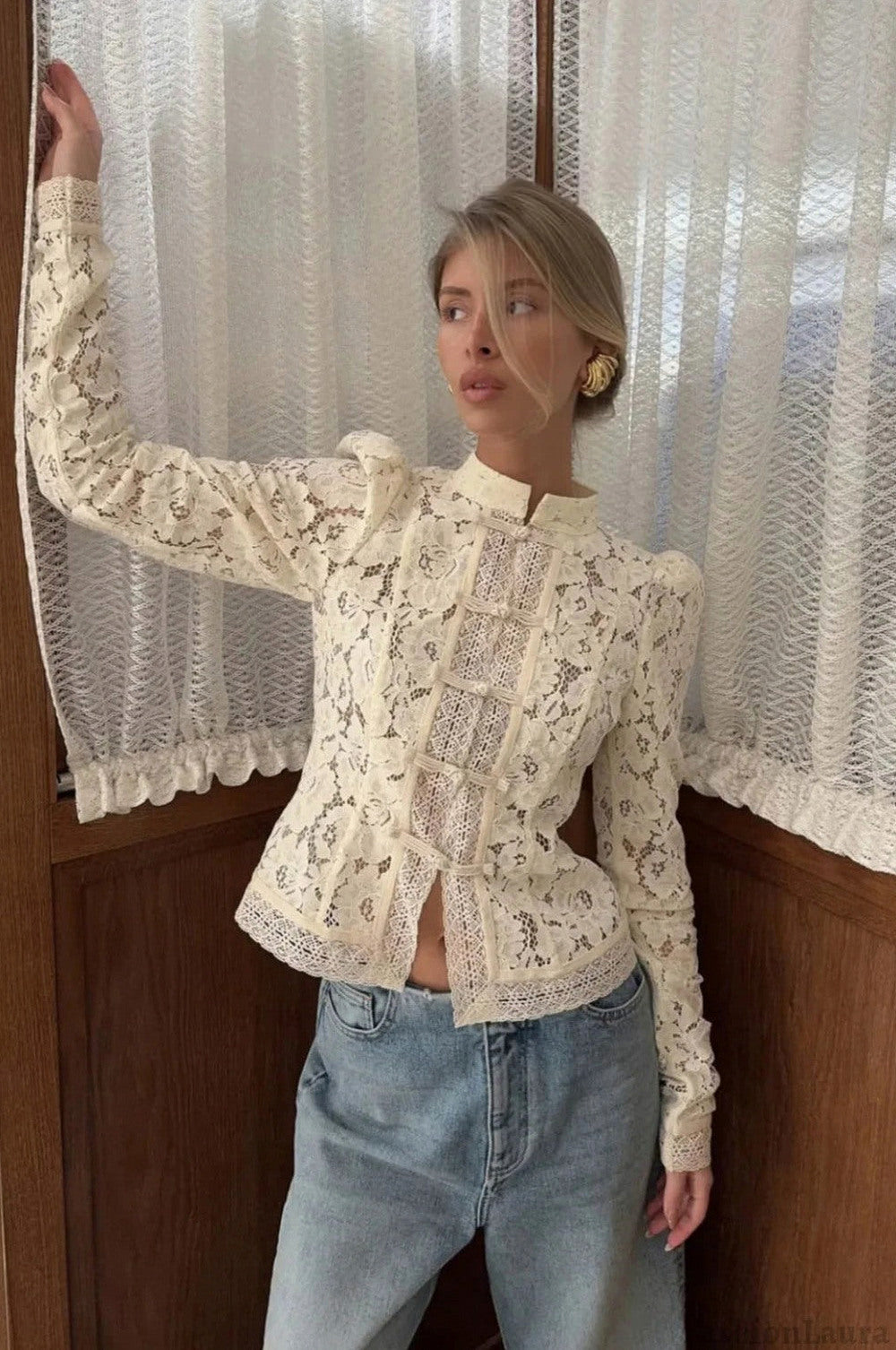 Lace Mandarin Collar Long Sleeve Blouse