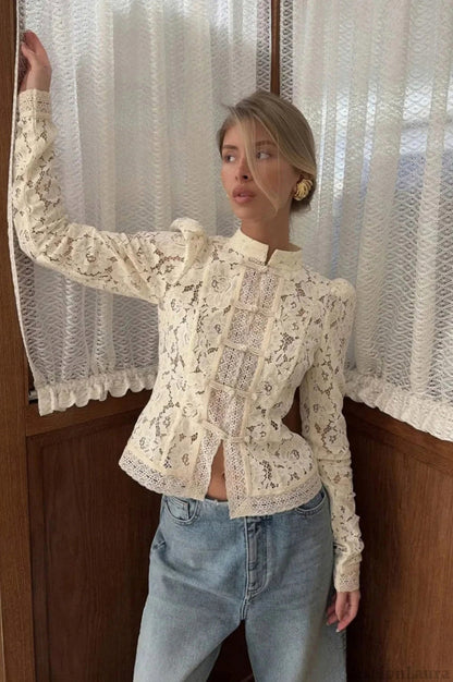 Lace Mandarin Collar Long Sleeve Blouse