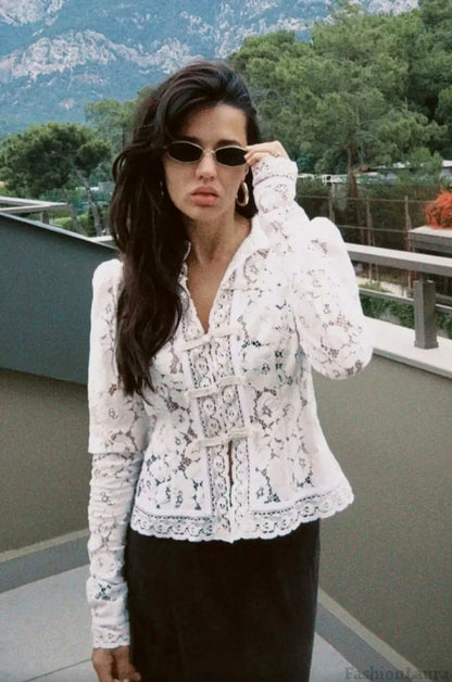 Lace Mandarin Collar Long Sleeve Blouse