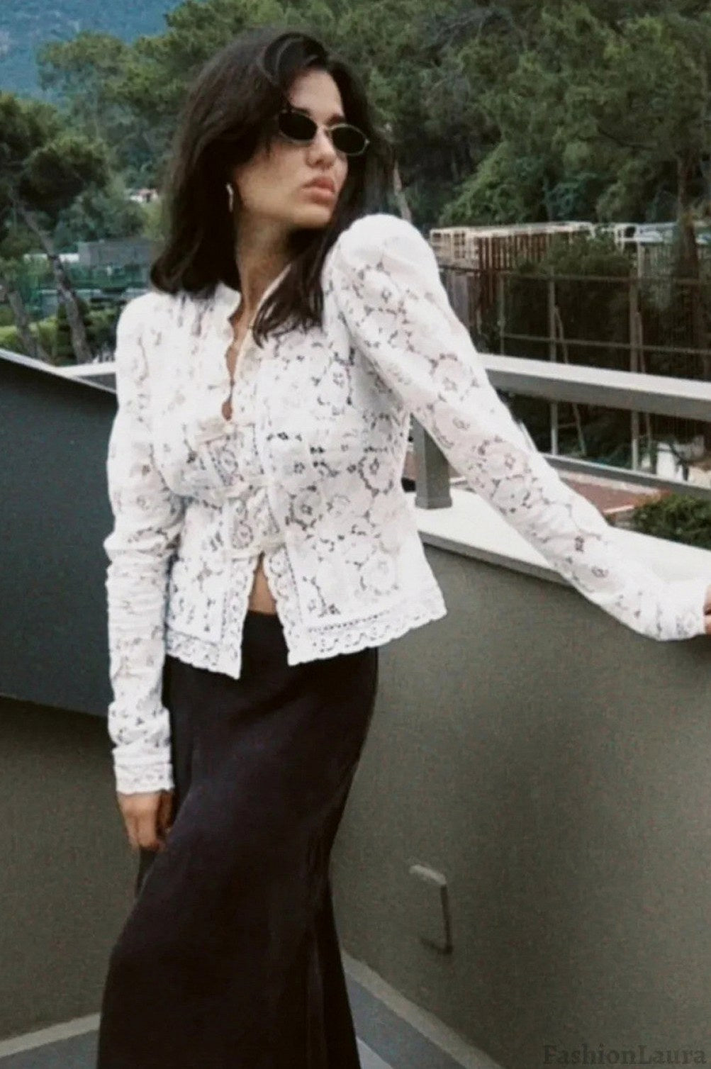 Lace Mandarin Collar Long Sleeve Blouse