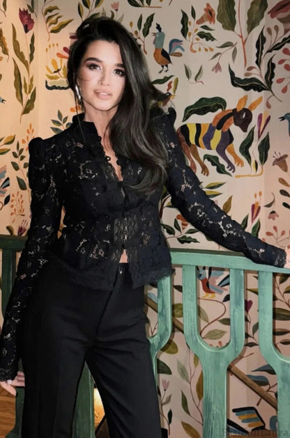 Lace Mandarin Collar Long Sleeve Blouse