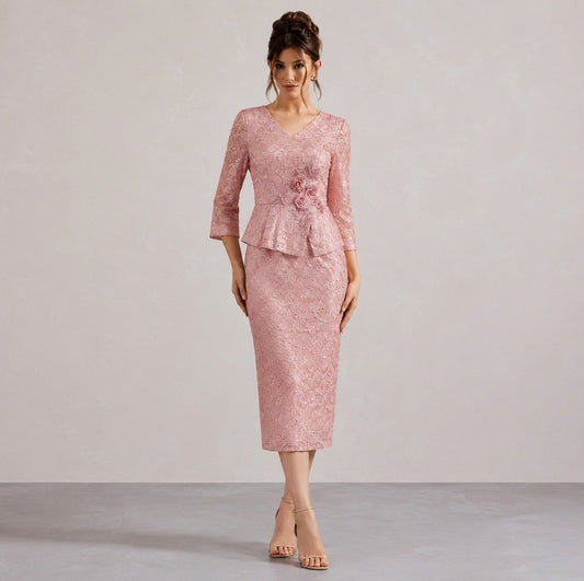 Lace Peplum Sleeve Midi Dress