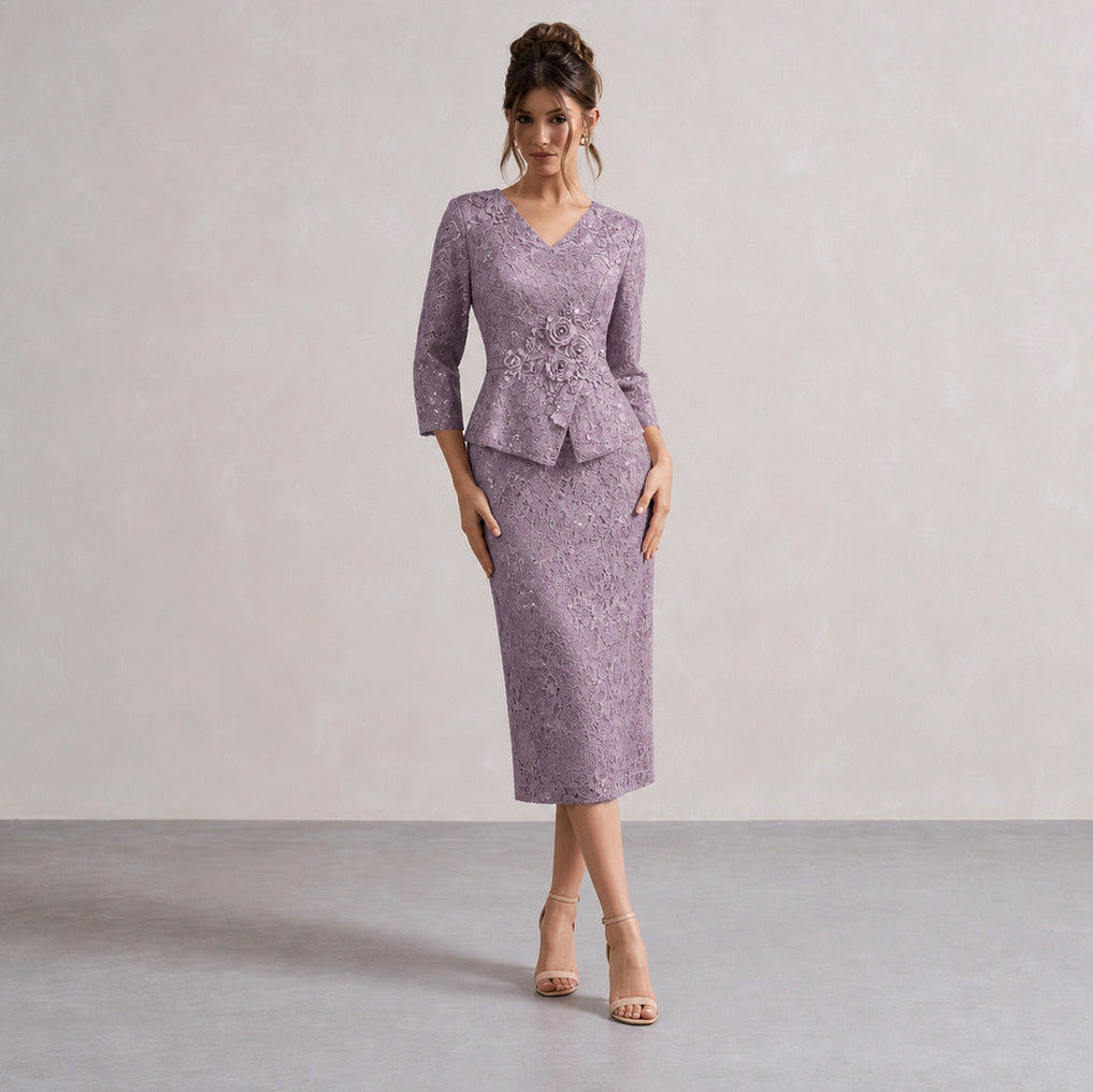 Lace Peplum Sleeve Midi Dress