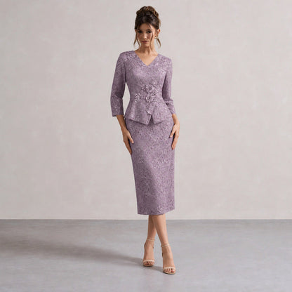 Lace Peplum Sleeve Midi Dress