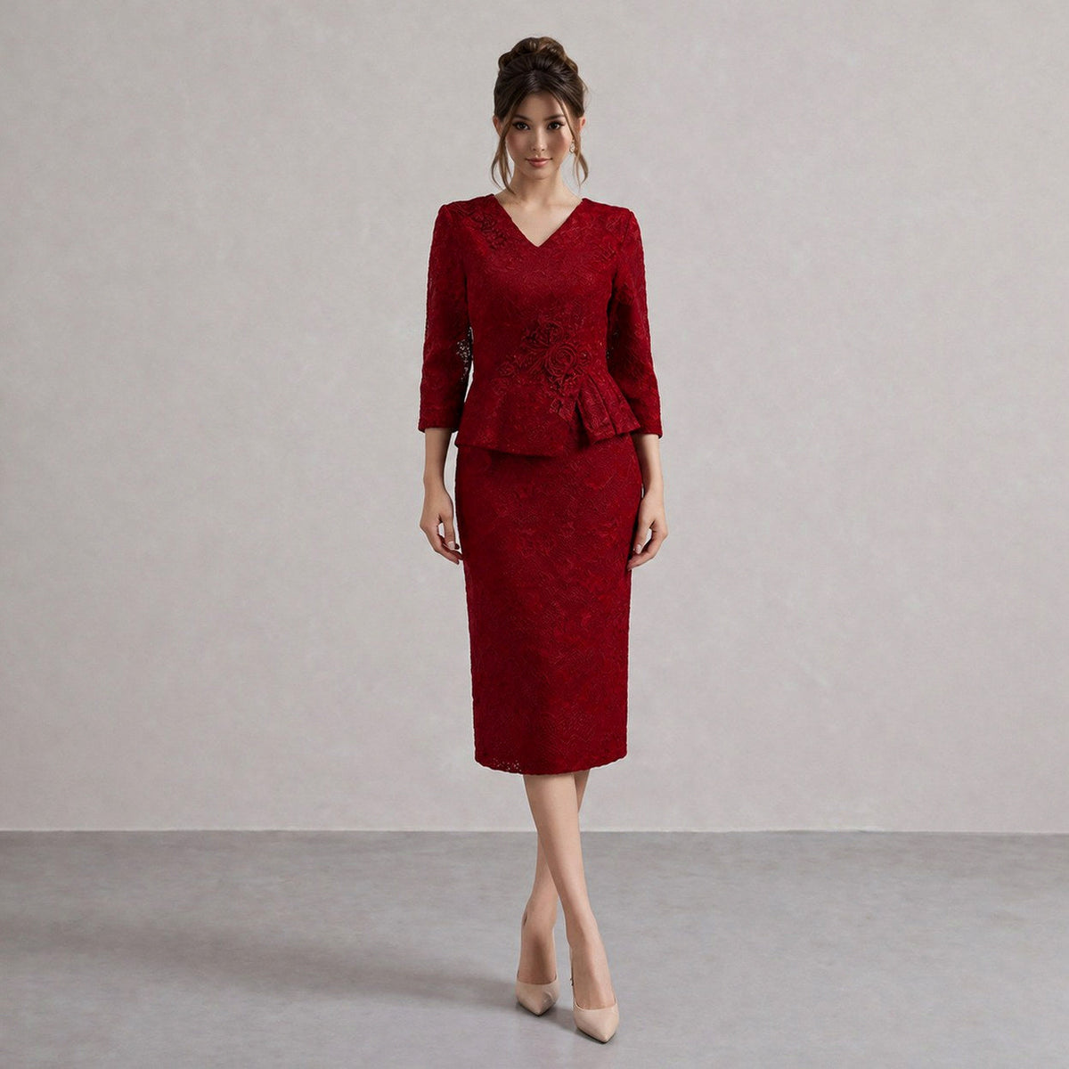 Lace Peplum Sleeve Midi Dress