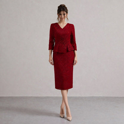 Lace Peplum Sleeve Midi Dress