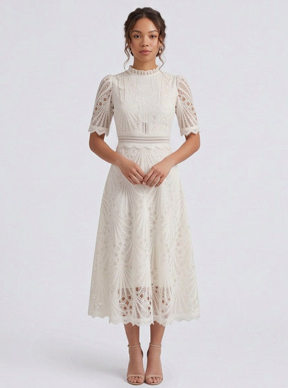 Lace High Neck Short Sleeve Midi Dress