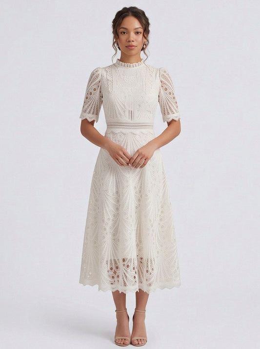 Lace High Neck Short Sleeve Midi Dress