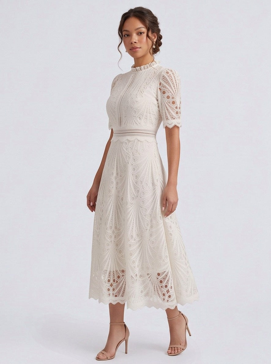 Lace High Neck Short Sleeve Midi Dress