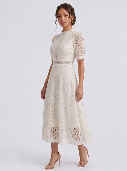 Lace High Neck Short Sleeve Midi Dress