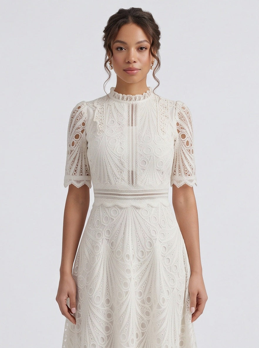 Lace High Neck Short Sleeve Midi Dress