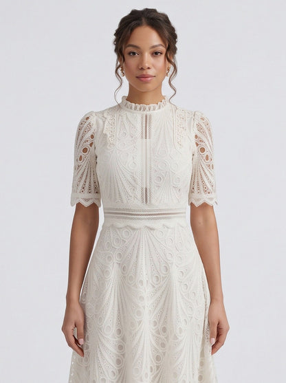Lace High Neck Short Sleeve Midi Dress
