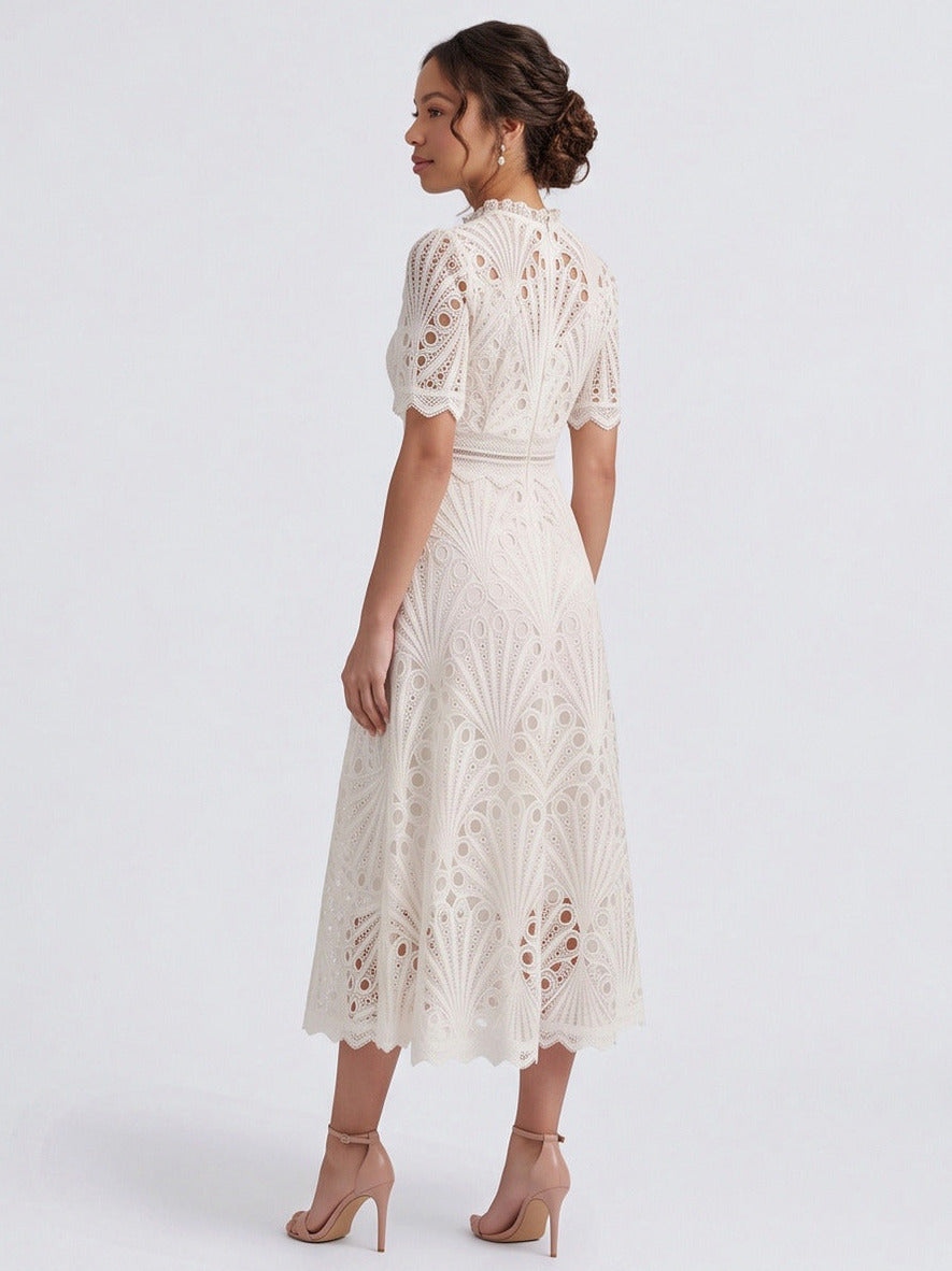 Lace High Neck Short Sleeve Midi Dress