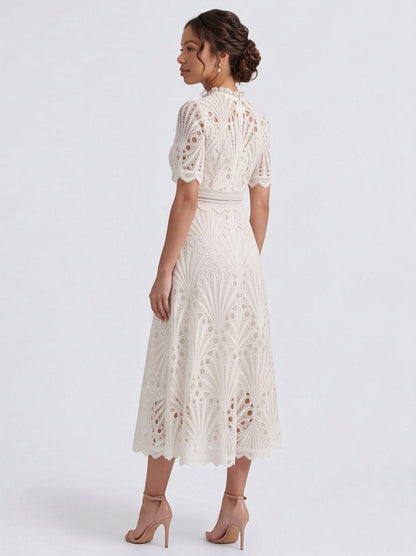 Lace High Neck Short Sleeve Midi Dress