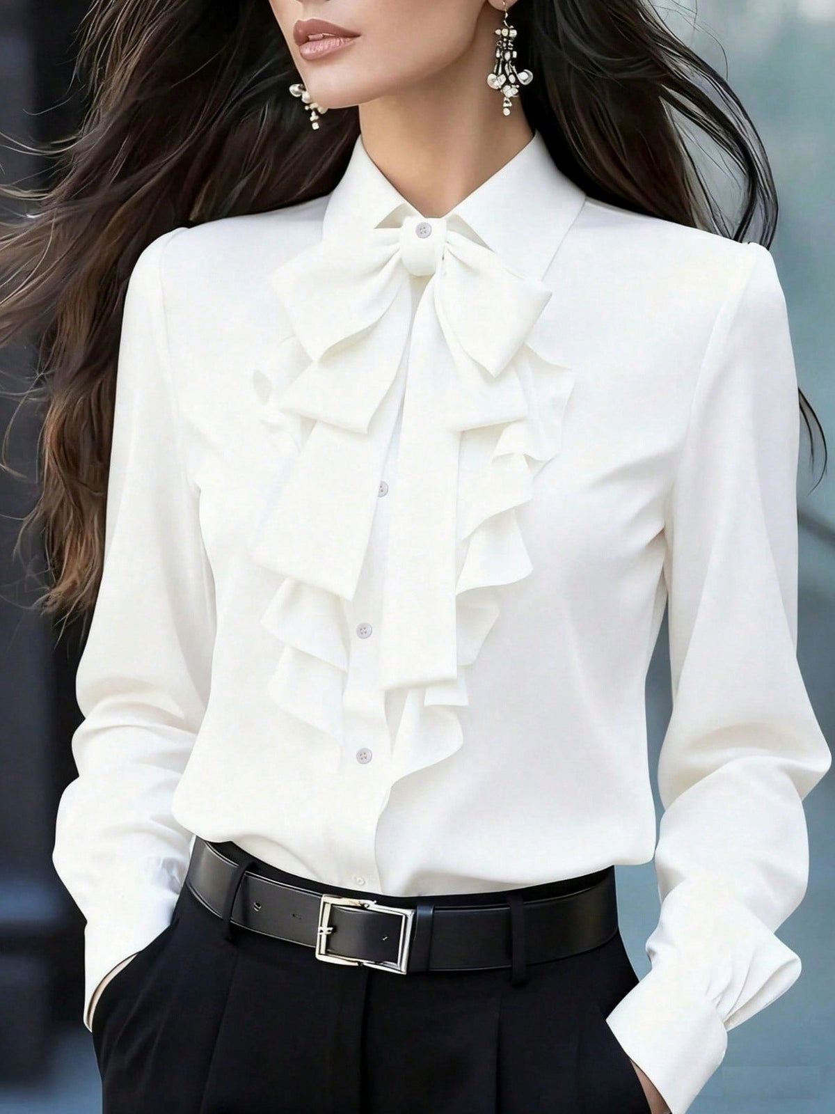 Long Sleeve Bow Neck Ruffle Blouse