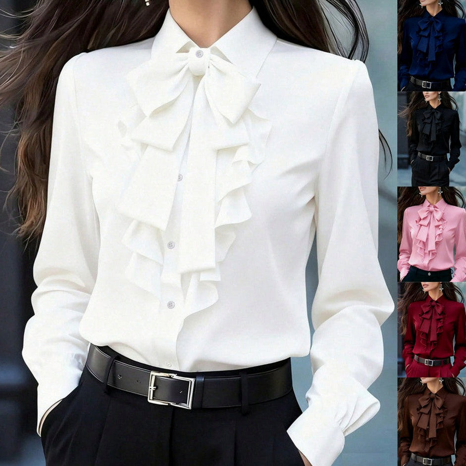 Long Sleeve Bow Neck Ruffle Blouse