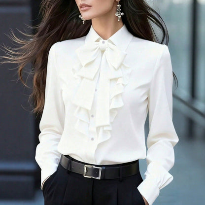 Long Sleeve Bow Neck Ruffle Blouse