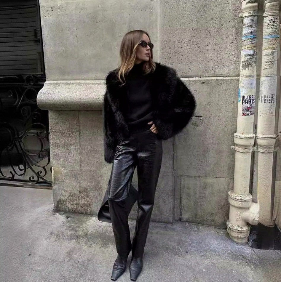Long Sleeve Cropped Faux Fur Coat