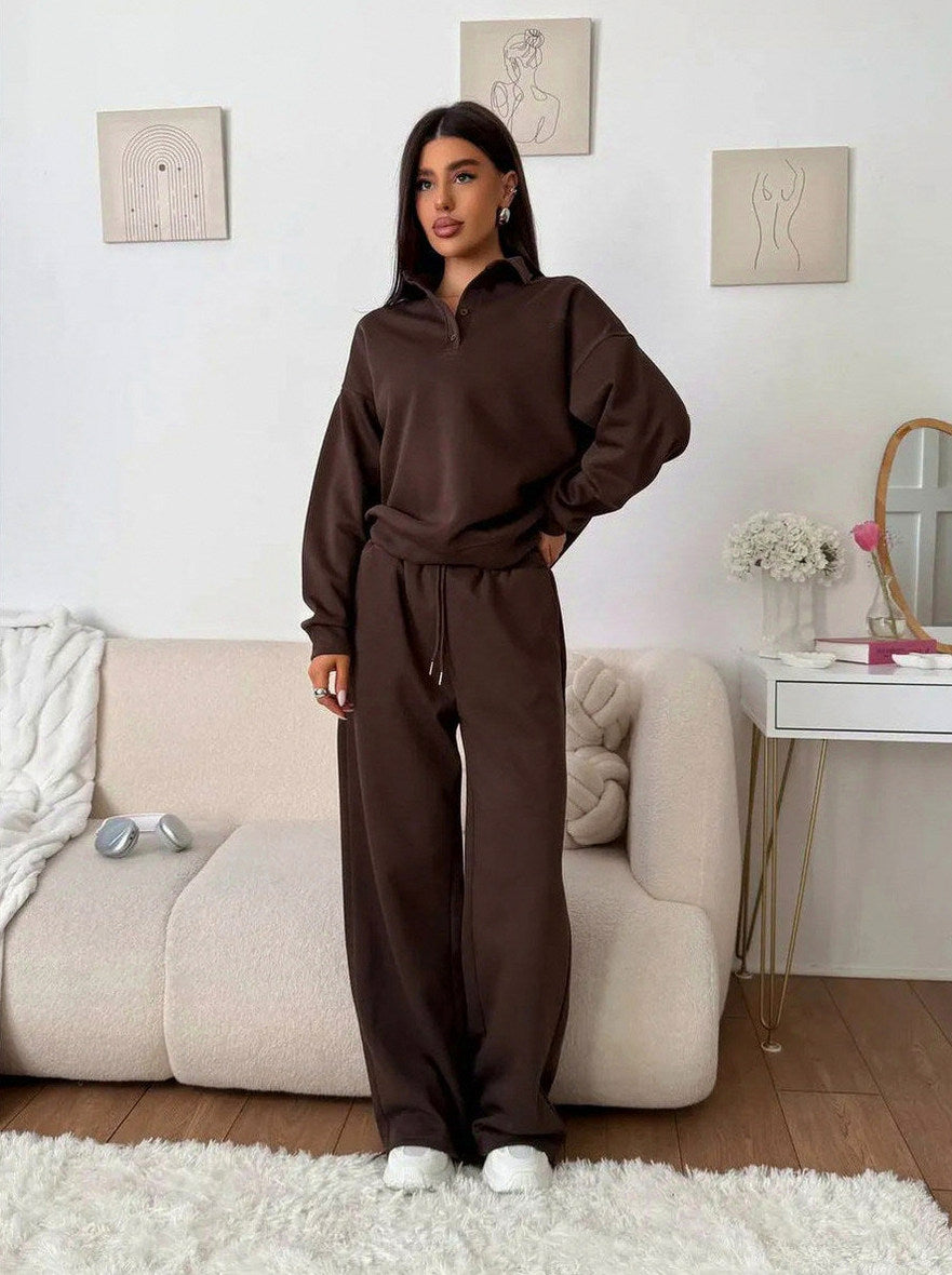 Fleece Collared Half Zip Wide Leg Two Piece Set