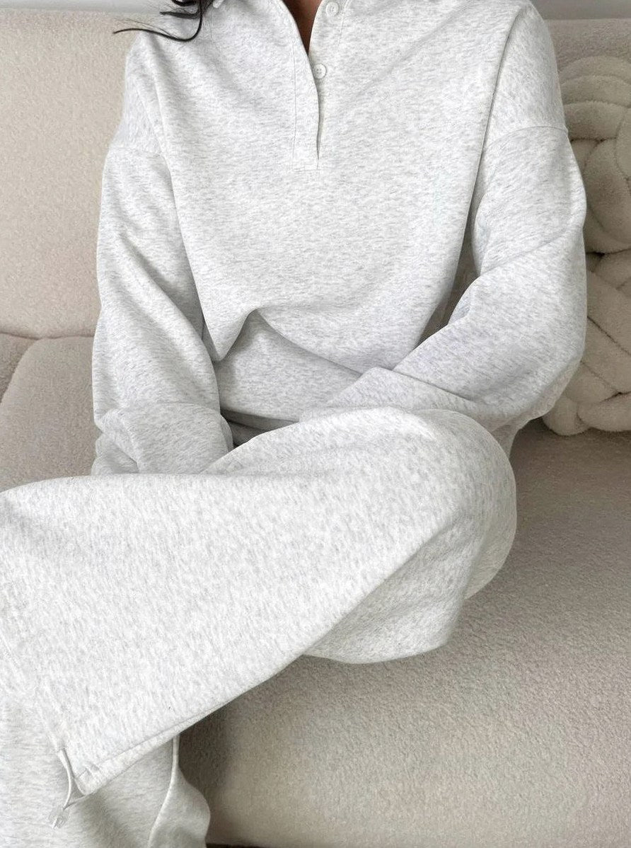 Fleece Collared Half Zip Wide Leg Two Piece Set