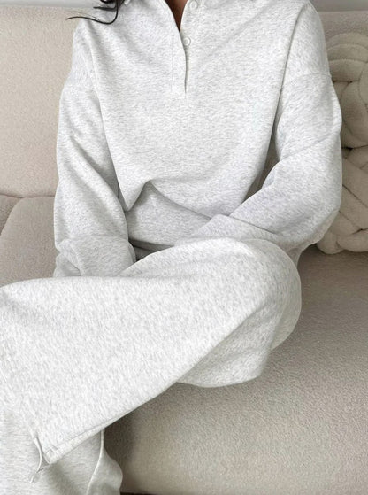 Fleece Collared Half Zip Wide Leg Two Piece Set