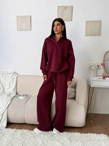 Fleece Collared Half Zip Wide Leg Two Piece Set