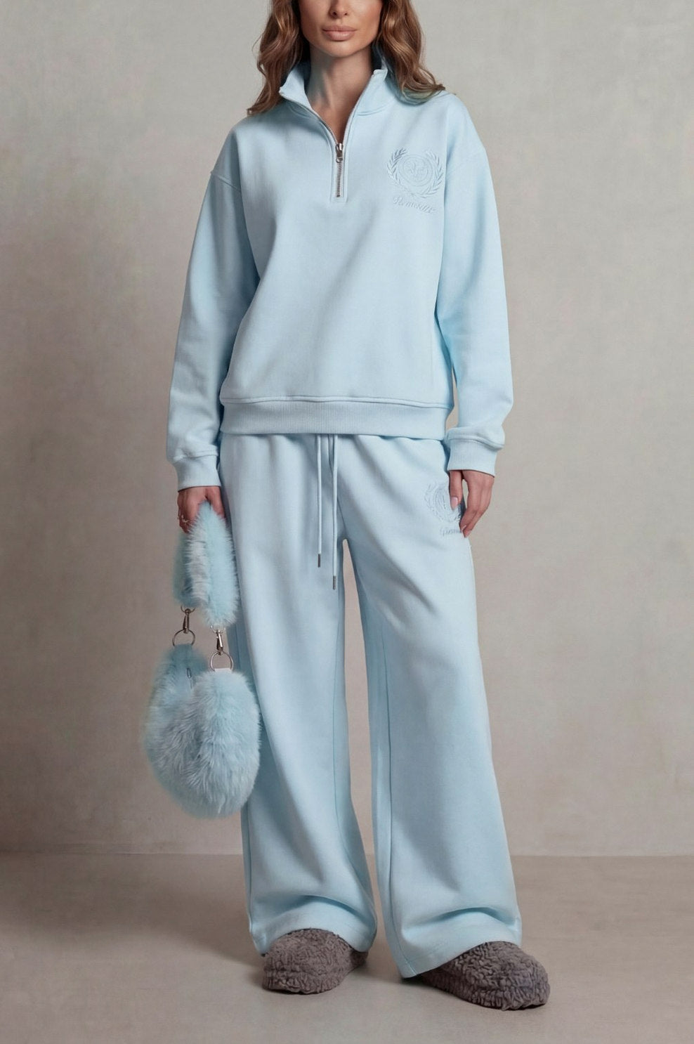 Fleece Funnel Neck Half Zip Long Sleeve Two Piece Set