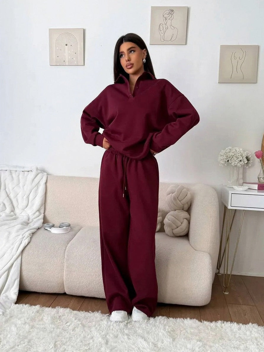 Fleece Collared Half Zip Wide Leg Two Piece Set