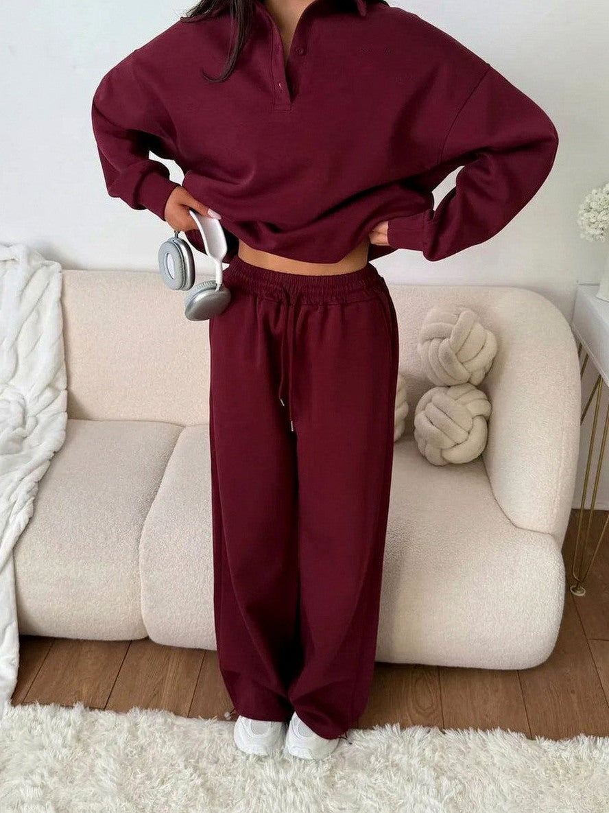 Fleece Collared Half Zip Wide Leg Two Piece Set