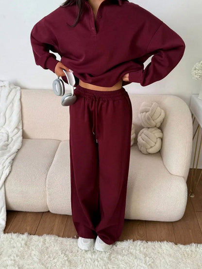 Fleece Collared Half Zip Wide Leg Two Piece Set
