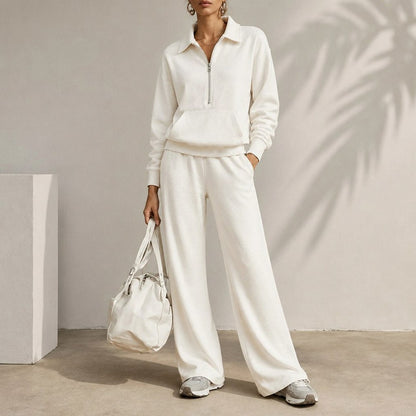 Fleece Half Zip Pouch Pocket Wide Leg Co Ord Set