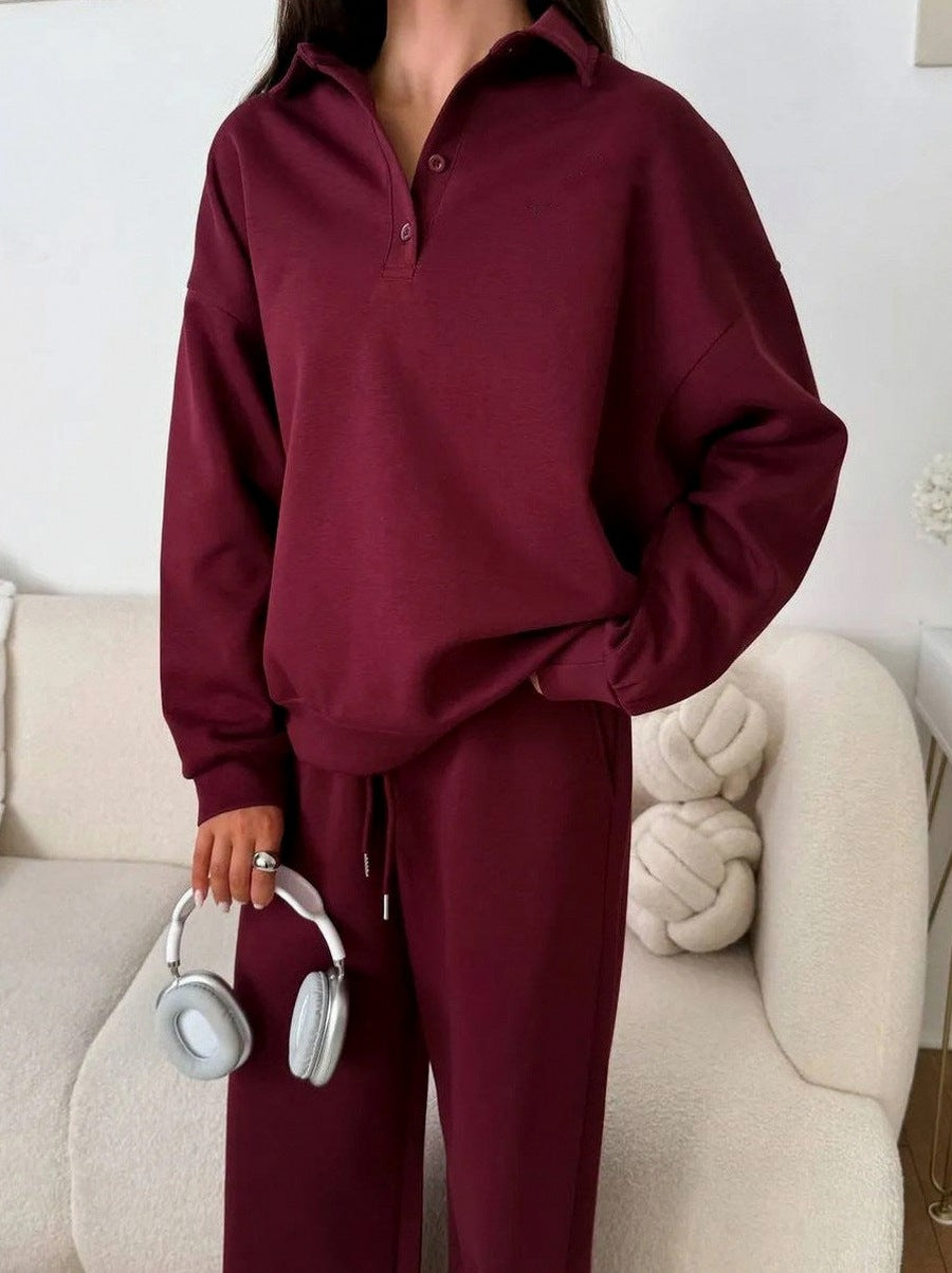 Fleece Collared Half Zip Wide Leg Two Piece Set