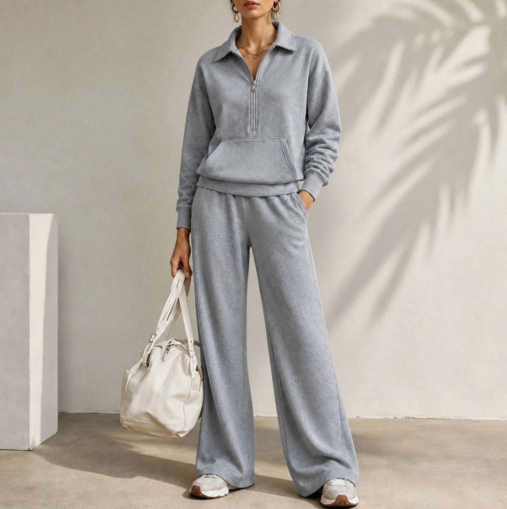 Fleece Half Zip Pouch Pocket Wide Leg Co Ord Set