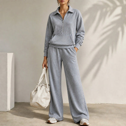 Fleece Half Zip Pouch Pocket Wide Leg Co Ord Set